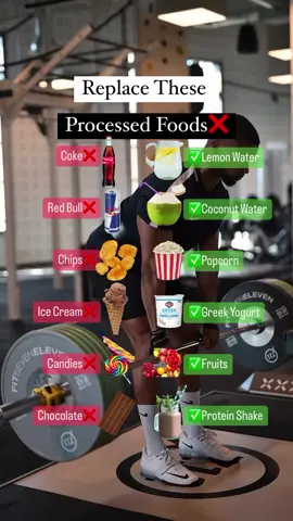 Swap out these processed foods for healthier options! 🥤❌➡️🍋✅ Coke with Lemon Water, Red Bull with Coconut Water, Chips with Popcorn, Ice Cream with Greek Yogurt, Candies with Fruits, and Chocolate with a Protein Shake. Make the switch for better health and performance! #fatloss #weightloss #weightlossjourney #weightlosstips #fattofit #diet #nutrition #fitnessmotivation #Fitness #gymmotivation