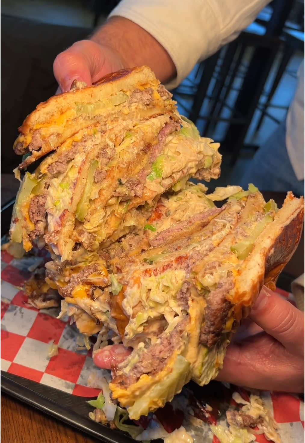 The DIABOLICAL DEVOUR SCHMACC BURGER from @Tony Beef in Galloway, NJ. 🍔🍔🍔 A Big Mac using three Big Macs as the three buns. Yes, please. 💪 #DEVOURPOWER #fyp #foryou #foodtiktok #tonybeef #foodies #foodblog #smashburger #smashburgers #newjersey #njfood #njburger #bigmac #asmr #asmrfood #asmrburger 