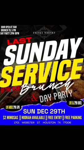 Today Sunday Service Last Sunday Of 2024  It’s Vibe Every Sunday for Our Brunch + DayParty at Frisky Whisky‼️ ( Formerly Phil & Derek’s )  @friskywhiskyhtx  Located on 1701 Webster St ( Midtown )  Doors open 12pm-10pm  $2 Mimosa Brunch Menu  Hookah Available  Live Band & DJ  Free Parking  Free Entry  * Free Table & Champagne for Birthday’s 🥳 Text 832.882.4194 To RSVP