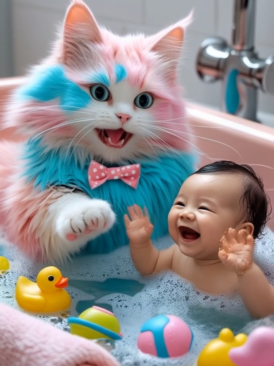 Cute cat and Baby playing in water #forkids #kidsfun #ai #kidsanimal #kidspets #animalfun #kidsentertainment #cutebaby #kidstiktok #babytiktok #fyp 