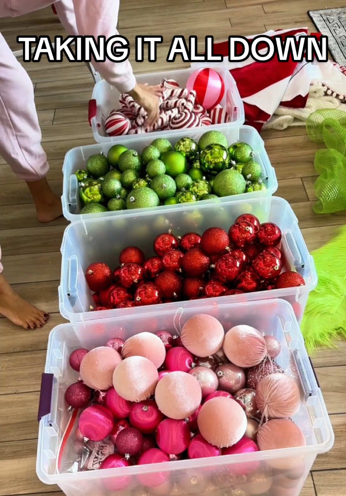 Such a bittersweet process 😭 I’m kinda ready to have my house back but we also worked so hard on this set up… I’m kinda sad to see it go! Stay tuned to see the giant grinch get peeled apart lol! #christmastakedown #christmasdecor #christmasstorage #afterchristmas 