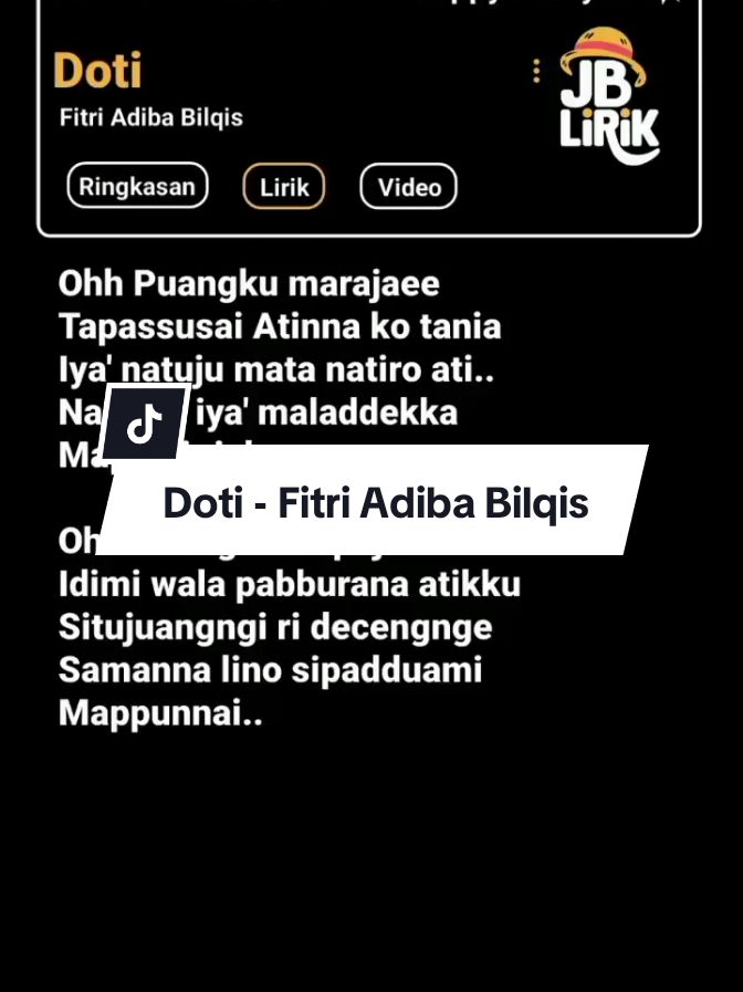 Doti #lagubugis #liriklagu #doti #bugis #musik #happynewyear2025 #bugishits #4upage #lyrics #lirikgoogle #4u #fyp #liriklaguviral #overlay #trending #sulawesiselatan  #makassar #bone #parepare #palopo #selayar #bulukumba #jeneponto  #takalar #bantaeng #gowa #maros #pangkep #barru #soppeng #wajo #sinjai #sidrap  #pinrang #enrekang #toraja #luwutimur #luwuutara 