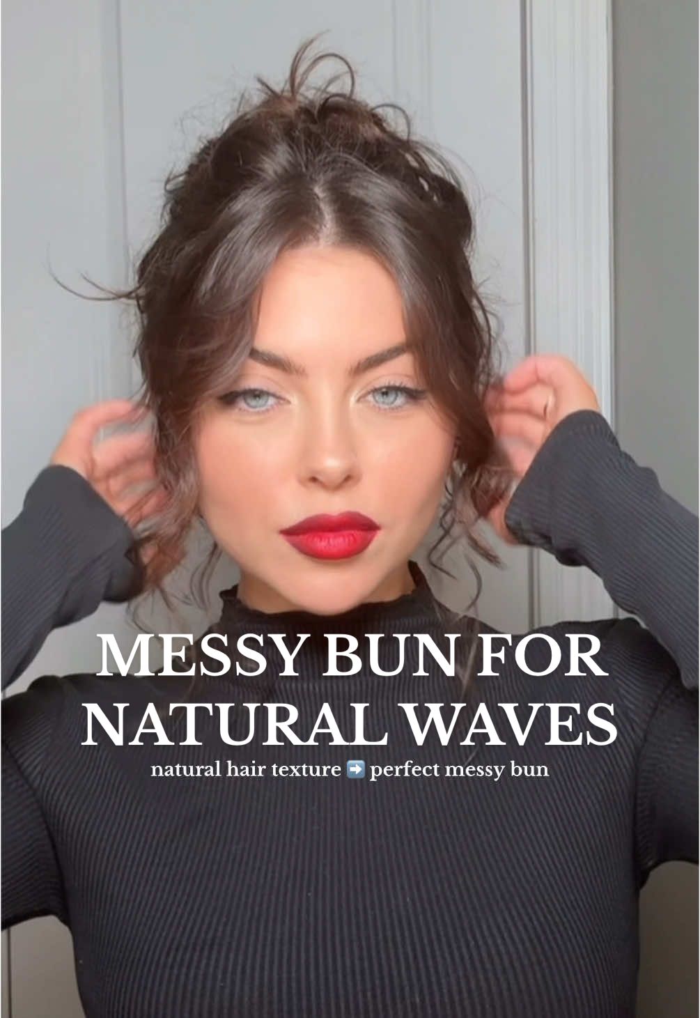I think this might be my new favorite kind of updo? If you have a naturally wavy hair texture, it makes the perfect base for a messy bun Used @Nexxus Hair Care unbreakable care root lift spray and @Color Wow Hair bombshell volumizer foam then added @Kérastase curl manifesto cream for air dried waves. For the messy bun, separate the bangs with a zigzag part and create a ponytail. This is optional, but I love using the @Emi Jay angel stick balm to remove any frizz. Using a second hair tie, create a messy bun - intentionally leaving out pieces to Bobby pin after. Pin any stray pieces as needed and I just touched up the bangs with a small curling iron to finish it off! #messybun #updohairstyles #naturalhair