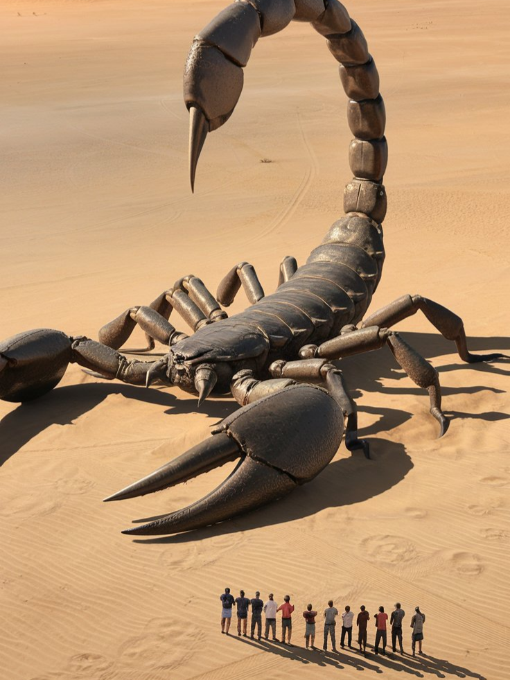 Desert Monster: Giant Scorpion Shocks Everyone! 🦂😱 Imagine seeing a scorpion bigger than a house! 🦂 This massive beast roams the desert as tiny humans watch in terror. Nature's scariest predator just got supersized! 🌵🔥 #GiantScorpion #DesertCreatures #TerrifyingNature #MonsterInTheWild #ScorpionAttack #WildlifeWonder