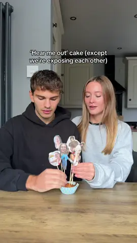 Our twist on the hear me out cake 🤣 we pretty much just exposed each other for the year we had… 💀🤣 #coupleschallenge #challenge #couplescomedy #coupleshumor #relationshiphumor #hearmeout #hearmeoutchallenge 