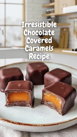 Chocolate Covered Caramels Recipe 👇 👉 Ingredients: For the Caramel: 1 cup unsalted butter 2 1/4 cups packed brown sugar 1 cup light corn syrup 1 can (14 oz) sweetened condensed milk 1 teaspoon vanilla extract For the Chocolate Coating: 12 oz semi-sweet chocolate, chopped 1 tablespoon shortening (optional, for smoother coating) Directions: Prepare the Caramel: Line a 9x13 inch baking dish with parchment paper and lightly grease it. In a large, heavy-bottomed saucepan, melt the butter over medium heat. Add the brown sugar, light corn syrup, and sweetened condensed milk, stirring until well combined. Bring the mixture to a boil, stirring constantly. Once it reaches a boil, reduce the heat to medium-low and continue to cook, stirring frequently, until the caramel reaches 245°F (118°C) on a candy thermometer (firm ball stage). This should take about 20-25 minutes. Remove the saucepan from the heat and stir in the vanilla extract. Pour the caramel into the prepared baking dish and let it cool completely at room temperature. Cut the Caramel: Once the caramel is set and firm, lift it out of the baking dish using the parchment paper. Cut the caramel into small squares or rectangles using a sharp knife. Prepare the Chocolate Coating: In a microwave-safe bowl, combine the chopped semi-sweet chocolate and shortening (if using). Microwave in 30-second intervals, stirring after each interval, until the chocolate is melted and smooth. Dip the Caramels: Using a fork or dipping tool, dip each caramel square into the melted chocolate, allowing any excess chocolate to drip off. Place the chocolate-covered caramels on a parchment-lined baking sheet to set. Cool and Serve: Allow the chocolate to set completely at room temperature or in the refrigerator. Once set, store the chocolate-covered caramels in an airtight container at room temperature. These Chocolate Covered Caramels are a perfect combination of rich, buttery caramel and smooth, glossy chocolate. They make an irresistible treat that's perfect for sharing or enjoying as a sweet indulgence! Prep Time: 20 minutes | Cook Time: 25 minutes | Total Time: 45 minutes (plus cooling) | Servings: 48 pieces | Kcal: 110 per piece #Recipe #EasyRecipe #yummy #yum #yummyfood #chocolate #caramel #cookingathome #cookingathometiktoktv #foryoupage 
