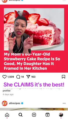 She wasn’t lying!! Cake: 1 white box cake mix 1 box strawberry jello 2/3 c vegetable oil 4 eggs 1 c frozen strawberries thawed with juice Frosting: 16 oz powdered sugar 1/2 c butter softened  1/2 c frozen strawberries thawed with juice  1. Make cake mix 2. Divide evenly among two 9 inch round pans 3. Bake 14-20 minutes  4. Let cake cool 5. Frost cake #baking #cake #bakingtok #bakingtiktok #eastrecipe #strawberry #strawberrycake 