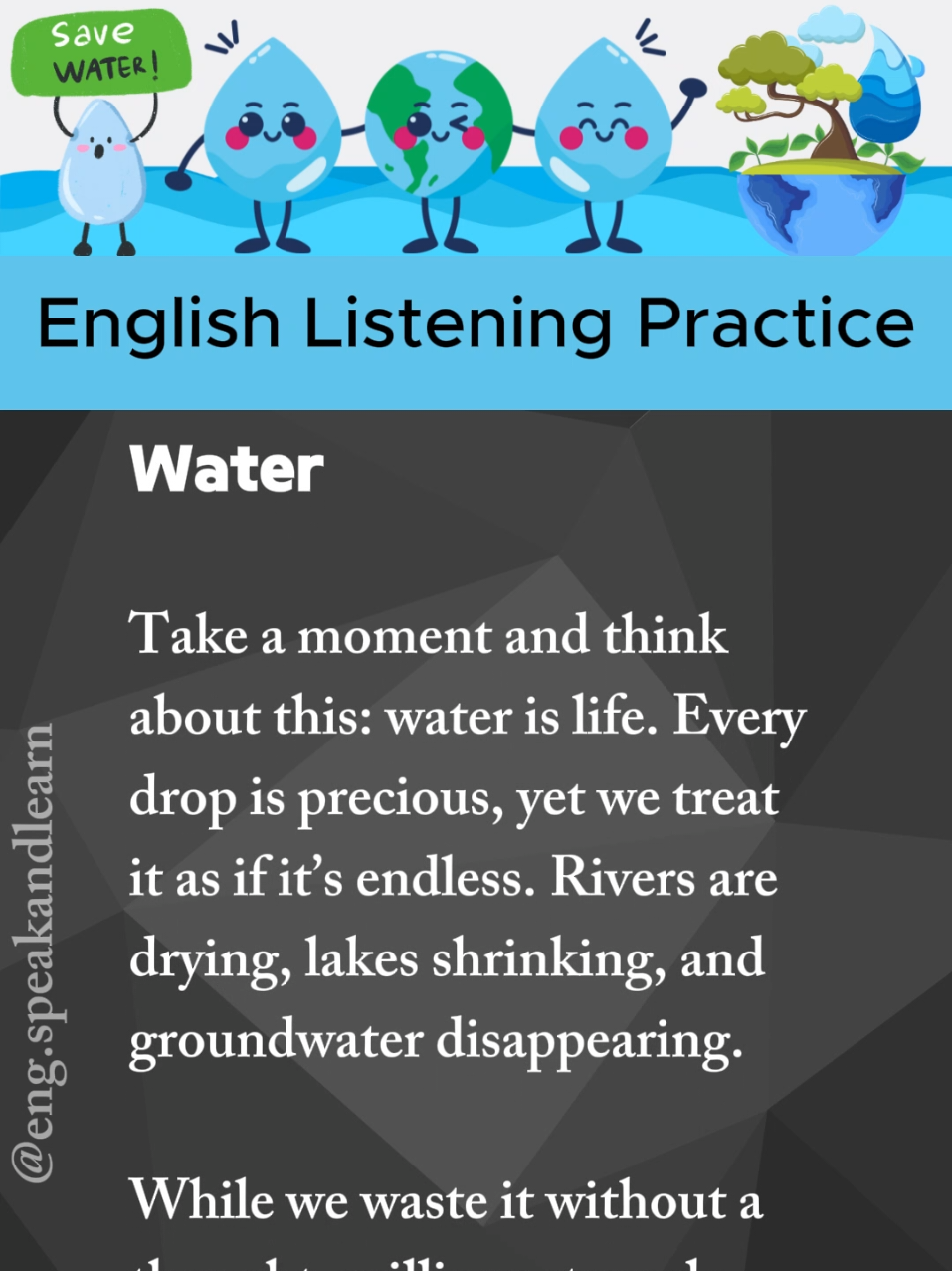Water 💦🌊 is life. Daily English listening 🎧 and speaking 🗣️ practice  #English #englishlistening #englishreading #englishspeaking #learnenglish #englishconversation #dailyenglish #learnenglish #speakenglish #listening #englishlessons #englishlearning  #water #waterislife #importanceofwater #narration #englishstory 