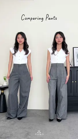 Tessa pants vs Namira pants👀 #gayaditiktok #fashiontiktok #racuntiktok #belilokal #stripepants #highwaistpants #fashioninspo #ootdinspo #ootdfashion 