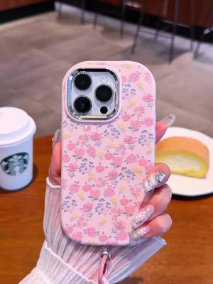 Kas ponsel penuh dengan bunga pecah-warna, cocok untuk Android dan iPhone, dengan tali pink.