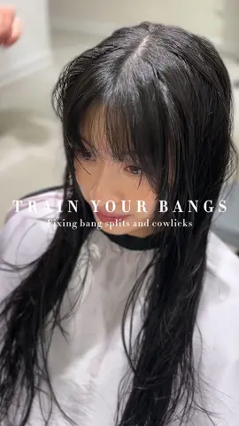Something different today. How to fix cowlicks or strong partings for getting new bangs  with Ellen To reset cowlicks and partings. Best way is to re-wet the root/ area where it needs to be fixed  Blow dry with a brush that has tension the opposite direction or left and right until 100% dry! Thank you @peggyxhair for filming and encouraging new content hahah.  _ ✨booking links on my profile page ⬆️  _ #torontohairstylist#torontohairsalon#markhamhairstylist#markhamhairsalon#layers#wispylayers#layeredhaircut#longhairstyles#bangs#texture#ncsalonerika#bangs#wispybangs 