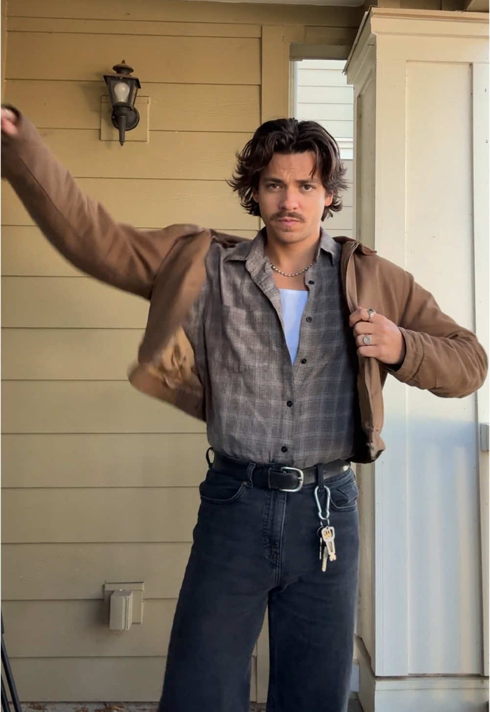 Bob Dylan / 70s inspo. Cropped wrangler canvas jacket, bootcut jeans, thrifted button up, white beater, cowboy boots  #OOTD #FitTok #outfitinspo #70sfashion #vintagefashion #mensfashion #mustache #wrangler cowboy #fyp dittos 70s pants #workwear #fallfashion #simpleoutfit #winteroutfit #workwear #fyp #thrifted