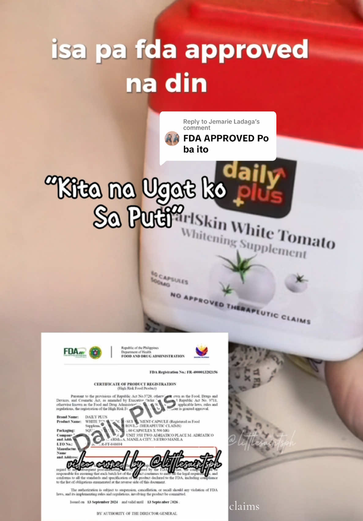 Replying to @Jemarie Ladaga Yes! FDA Approved po. #pearlskinwhitetomatowhiteningsupplement #whitetomatosupplement #dailypluswhiteningsupplement #dailypluspearlskinwhitetomato #dailypluswhitetomato #effectivewhitening #fridayfriyay #bonggangfridayfriyay #beautysupplement 