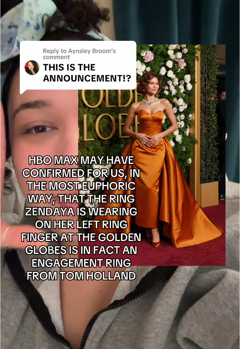 Replying to @Aynsley Broom the way that this was not only the perfect (possible) confirmation, but also HOW FREAKING EXCITING for Zendaya and Tom Holland if this is in fact true!💍 #goldenglobes #zendaya #tomholland 