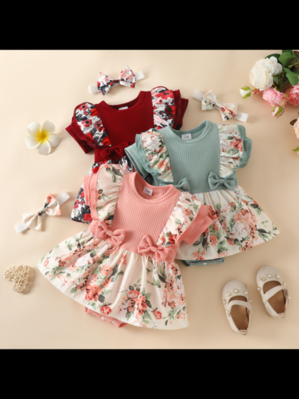 Baby Girls Romper Dress Set Floral Print Ruffle Jumpsuits Baby Girl Outfits Shorts Dress with Headband Clothes Set for Baby under ₱267.20 Hurry - Ends tomorrow!