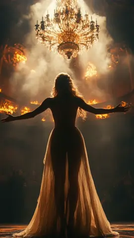 Dance of the Flames 🔥 A woman gracefully dances under a chandelier amidst a burning hall #ai #aiart #aiartcommunity #midjourney #opera #dancer #lady #flames 
