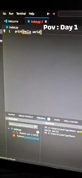 pov : Day 01 with python #programminglife #learnpython #codinglife #codingmemes #explore #codetok #learnc #codingjourney #python #programation #programming #pythonprogramming #pythontutorial #dev #web #html #htmlcss #javascript #java #c #vscode #pc #future #software #LearnOnTikTok #explore #viral #fyp #foryou #greenscreen 