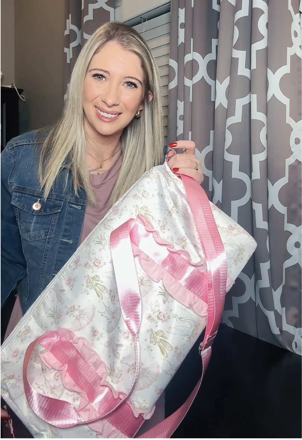 This is the cutest little ballerina bag!! The pattern and ruffles are perfection!!! #dance #dancebag #dancemom #duffelbag #tiktokshop #balletdancer #ballerina #danceclass 