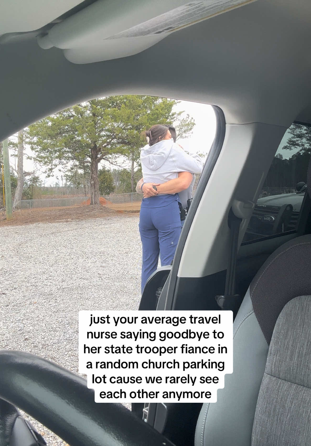 I will take a 30 second hug and a kiss over not getting one, any day. I think I’ve seen him for a total of 4 hours in the last 12 days😞  We keep reminding ourselves it’s only for a little while and we are doing it for a good reason! but man it SUCKS.  ps- I think we are hands down the cutest nurse-cop duo🤷🏽‍♀️🩷 #isaidwhatisaid #nurse #nursing #ernurse #travelnurse #statetrooper #trooperwife #weddingyear #fianceera 