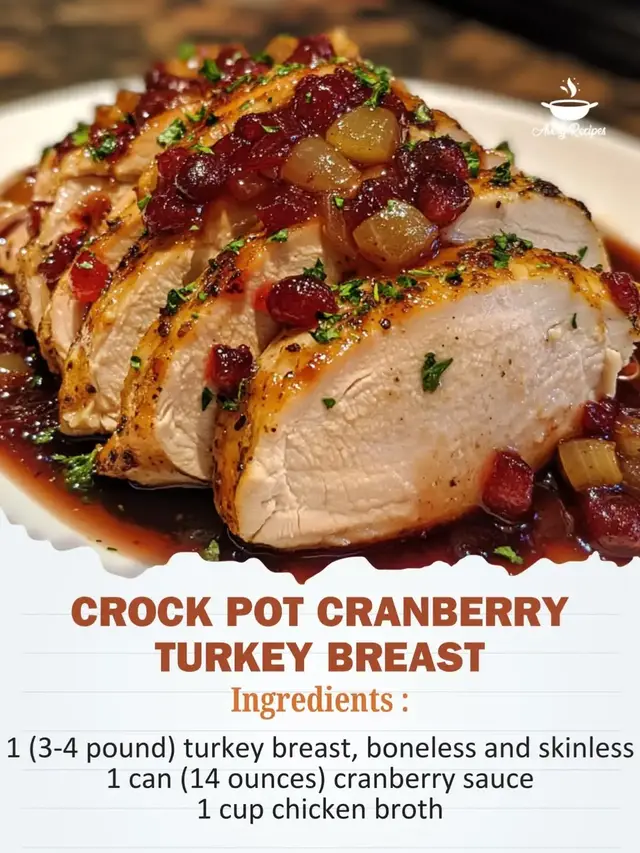 Crock Pot Cranberry Turkey Breast Juicy Turkey Breast Slow-Cooked with Tangy Cranberry Sauce Ingredients: 1 (3-4 pound) turkey breast, boneless and skinless 1 can (14 ounces) cranberry sauce 1 cup chicken broth 1 onion, chopped 2 cloves garlic, minced 1 teaspoon dried thyme 1 teaspoon dried rosemary Salt and pepper to taste Fresh parsley, for garnish Directions: Place the chopped onion and minced garlic at the bottom of the crock pot. Season the turkey breast with salt, pepper, thyme, and rosemary, then place it on top of the onion and garlic. In a separate bowl, mix the cranberry sauce and chicken broth until well combined. Pour this mixture over the turkey breast in the crock pot. Cover and cook on low for 6-8 hours or on high for 3-4 hours, until the turkey is cooked through and tender. Once cooked, remove the turkey breast from the crock pot and let it rest for a few minutes before slicing. Serve the turkey slices drizzled with the cranberry sauce from the crock pot and garnish with fresh parsley. Prep Time: 10 minutes | Cooking Time: 6-8 hours | Total Time: 6 hours 10 minutes Kcal: 320 kcal | Servings: 6 servings #EasyRecipes #comfortfood #EasyRecipes #DinnerIdeas #savorydishes #turkeytiktok #turkeyrecipe #Cranberry