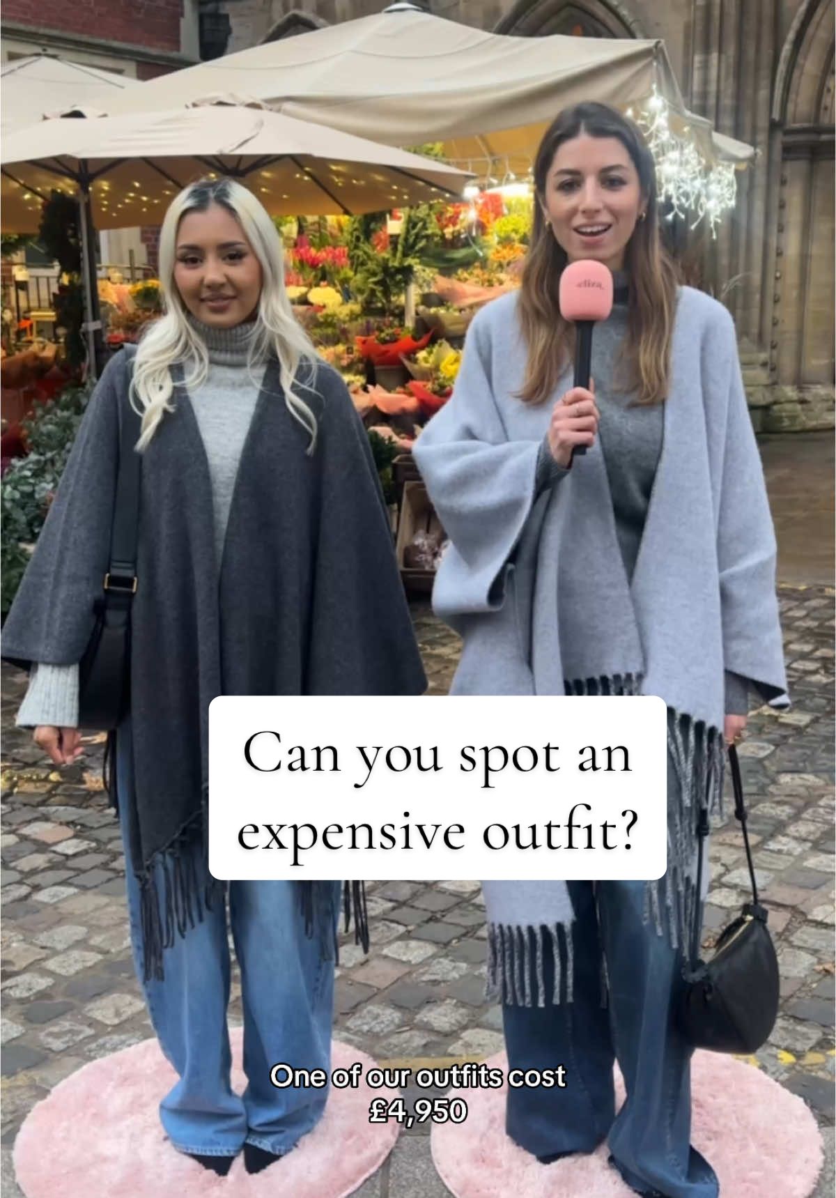 We’re beating the snowy weather with these chic and comfy capes ❄️ but can you guess which outfit costs £4,950 and which is £384? 👀 #fashiontiktok #minimic #guessinggame #outfitinspo #highstreetfashion #london 