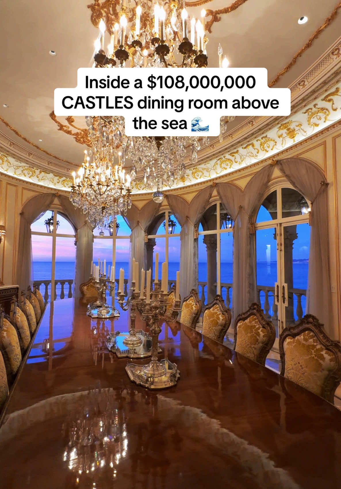Who are you inviting to join you for dinner above the sea in this $108,000,000 castle 🌊 || #luxury #luxurylife #diningroom 