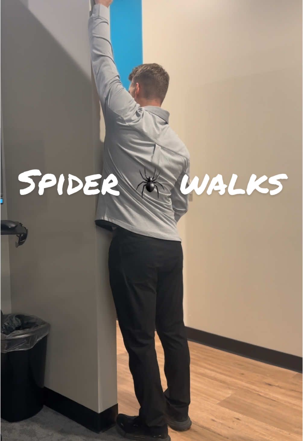 Spider 🕷️ walks  This standing Spider Walk variation targets shoulder mobility, stability, and control. It’s perfect for warming up or activating the shoulders in a low-impact way. Instructions: 	1.	Starting Position: 	•	Stand facing a wall, feet hip-width apart, about 1–2 feet away from the wall. 	•	Place your hands on the wall at shoulder height, slightly wider than shoulder-width apart. 	•	Engage your core and keep your back straight. 	2.	Walk Up the Wall: 	•	Slowly walk your right hand upward on the wall, followed by your left hand, as if climbing. 	•	Continue until your arms are fully extended overhead or as far as your mobility allows. 	3.	Walk Back Down: 	•	Reverse the movement by walking your right hand down, followed by your left hand, until both hands return to the starting position at shoulder height. 	4.	Repeat: 	•	Continue walking your hands up and down the wall in a controlled manner for the desired number of repetitions or time. Tips for Proper Form: 	•	Keep your core engaged to prevent arching your back. 	•	Move your hands slowly and deliberately to maintain control. 	•	Keep your shoulders down and avoid shrugging. Repetitions: 	•	Perform 8–12 repetitions or for 30–60 seconds as part of a warm-up or mobility routine. This variation focuses purely on shoulder activation and mobility while reducing strain on other parts of the body. #warmup #shoulderhealth 