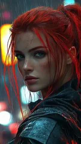 Nothing can stop her ⚡️⚡️ #Cyberpunk #StrongWoman #FuturisticStyle #RedHair #NeonVibes #UrbanRain #NightCity #EdgyFashion #HeroicVibes #MysteryInTheRain #AIArt #DigitalAesthetic #SciFiMood #rain #aicommunity 