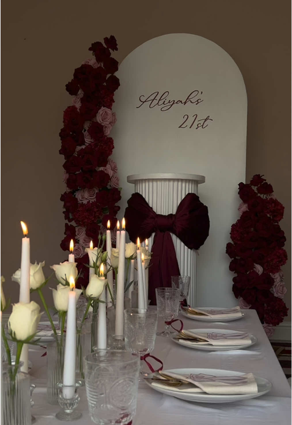 21st birthday setup 💕   @Impulsebakes  #birthday #birthdayparty #birthdaygirl #birthdaygirls #21 #21st #21stbirthday #birthdaydecor #birminghamevents #eventsdecor #flowers #burgundy #winered #2024 #2025 #dinnersettings #candles #candlelitdinner #flowers #vases #glasswear #dinnerparty #dinnerpartyideas #birthdayideas #birthdaypartyideas #giftsforher #birthdaydinner #girldinner #justgirls #justgirlythings #party #birthdaycake #vintagecake #bow #coquette #aestheticvibes #21st 