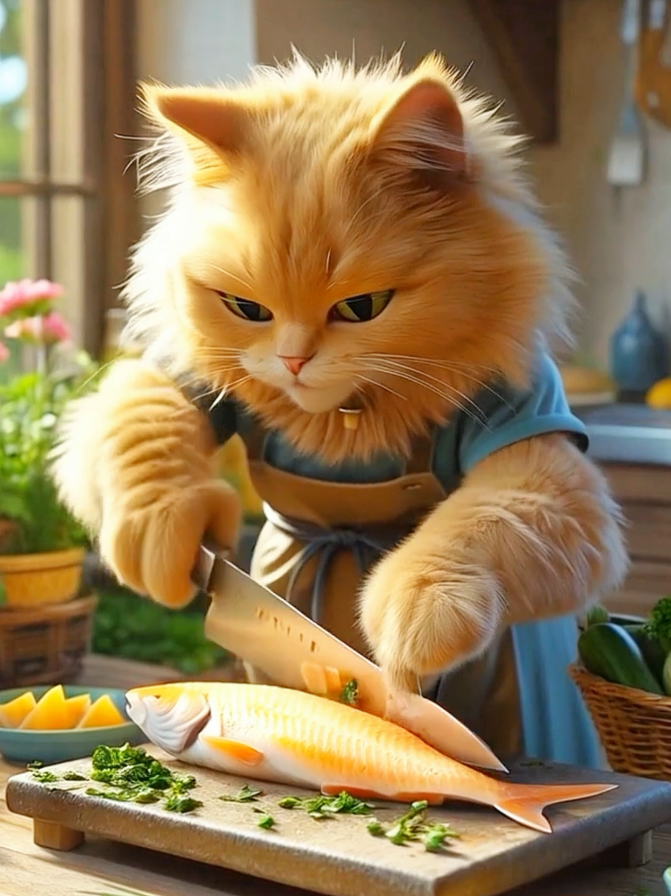 Cat is making grilled fish! #catbaking #catfishing #catstory #aicats #cats 