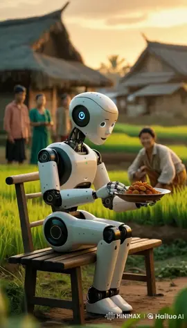 Di sawah dekat pemukiman, robot itu duduk di kursi dengan gerakan kaku namun mantap, memegang sepiring nuget. Pemandangan kontras antara teknologi dan alam ini menciptakan kesan unik. #hailuoai #leonardoai #chatgpt