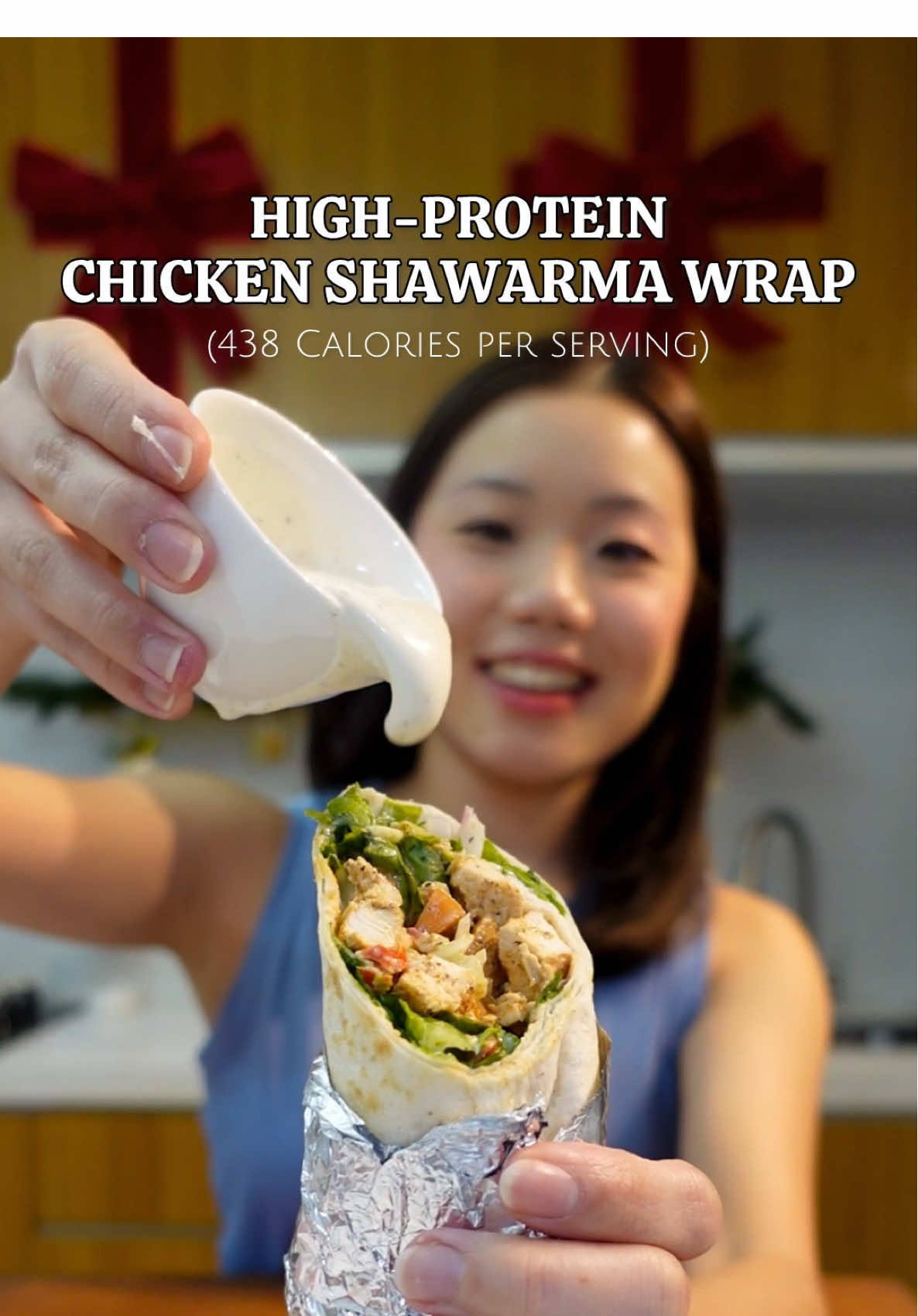CHICKEN SHAWARMA WRAP for only 468cal per serving with 40g of protein  INGREDIENTS:  💫CHICKEN MARINADE (up to 3 servings)  - 300g chicken breast  - 1tsp each of salt, pepper, garlic powder, cumin, paprika - Lemon Juice - 1tbsp avocado oil  (100g of cooked chicken per serving)  💫YOGURT SAUCE (up to 5 servings)  - 3tbsp (150g) Light Greek Yogurt - 2tbsp Kewpie Mayo - 1/2tsp each of Salt, Pepper, Garlic Powder  - Lemon Juice (2tbsp per serving)  💫Veggies - Onion, Cucumber, Tomato  (15g each per serving)  - Lettuce (100g per serving) CALORIE COUNT PER SERVING = 468kcal - 100g cooked chicken: 165kcal - avocado oil: 40kcal - veggies: 16kcal - sauce: 58kcal  - wheat tortilla wrap: 189kcal - seasonings are negligible calories  #ShawarmaWrap #ChickenWrap #HealthyMeal #HighProtein #DietMeal #caloriedeficit #HealthyButDelicious #SaladWrap #DietFood #EasyRecipe #LowCalorie #longervideos #creatorsearchinsights #CathCreations  