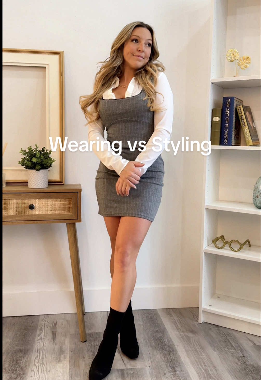 Wearing vs styling this cute grey fitted dress 🖤 How do you like this style? Filmed at @ETCH STUDIO  #fashion #outfit #wearingvsstyling #styling #style #fashiongirl #womenstyle #elegantstyle #OOTD #outfitinspiration #fashionblogger 