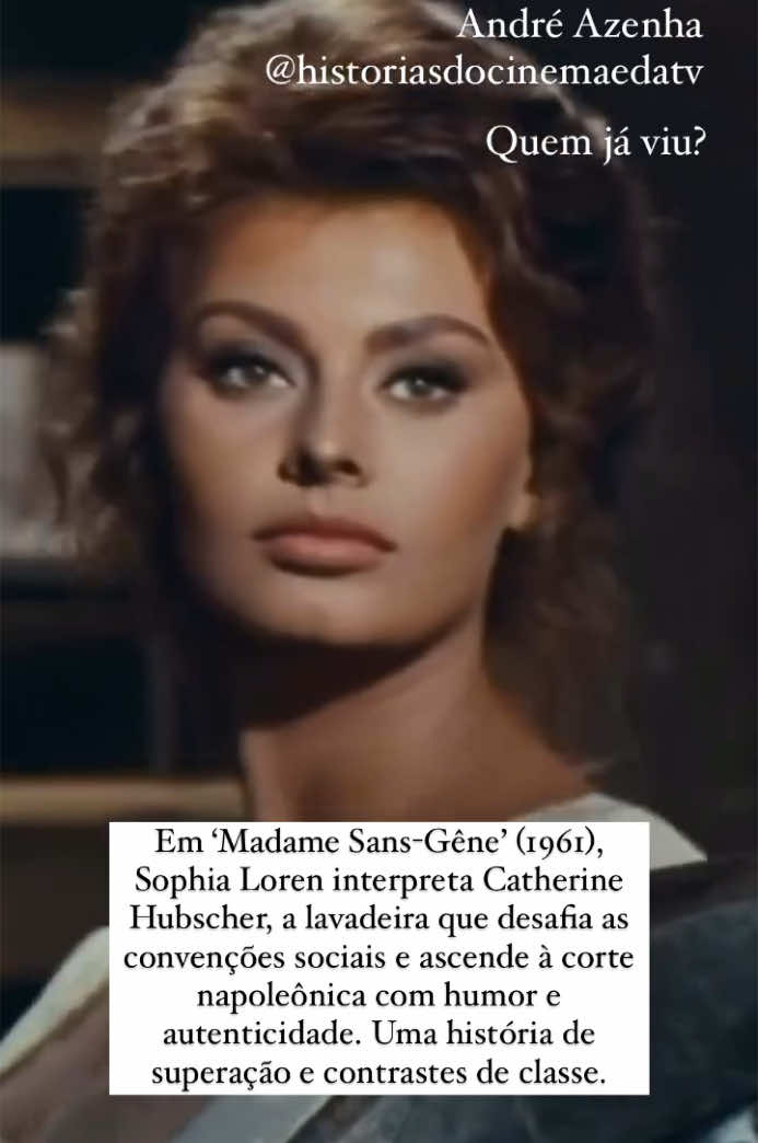 Quem já viu?  Madame Sans-Gêne (1961) tem no carisma de Sophia Loren seu maior trunfo. Dirigida por Christian-Jaque, a produção adapta a peça homônima de Victorien Sardou e Émile Moreau. Explora a trajetória de Catherine Hubscher, lavadeira parisiense que se torna duquesa durante a Revolução Francesa e o Império Napoleônico. A premissa é fascinante: uma mulher de origens humildes, sem papas na língua,desafia as convenções da corte. O filme se esforça para equilibrar comédia e drama histórico, mas parece hesitar em qual dos dois caminhos seguir. Catherine é uma personagem irresistível, espontânea, carismática. O roteiro perde a oportunidade de explorar com maior profundidade os conflitos sociais e emocionais de sua ascensão. O que realmente impressiona é a reconstituição de época, de cenários grandiosos e figurinos deslumbrantes criados por Marcel Escoffier e Itala Scandariato. Visualmente, o filme é um espetáculo, capturando a opulência e o glamour da corte napoleônica. Não é um clássico indispensável, mas é uma obra que vale a pena conferir, especialmente para quem aprecia filmes de época ou deseja ver Sophia Loren no auge de sua carreira, encantando na tela como sempre. No Brasil, o filme foi lançado em 1962 com o título “Madame Sans-Gêne”. #SophiaLoren #CinemaClássico #FilmeDeÉpoca #RevoluçãoFrancesa #HistóriaDoCinema #Cinefilia #ClássicosDoCinema #FilmesAntigos #CulturaCinematográfica #artenocinema