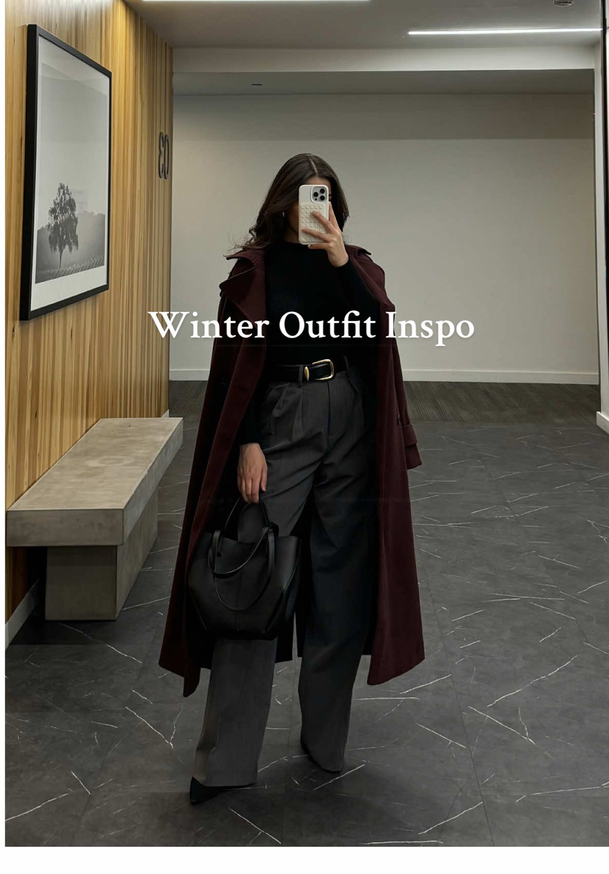 I love wearing burgundy and grey together in the winter time 😍 the perfect winter color combination  Top @H&M  Belt @madewell  Pants @Because of Alice  Coat @asos  Shoes @FOREVER 21  Purse @Amazon  #fitcheck #outfit #OOTD #outfitideas #outfitinspo #fyp #winteroutfit #styleinspo #winteroutfits #chicoutfit #oldmoneyoutfits #modestfashion #dinneroutfit #stylinginspo #elegantstyle #elegantoutfit #classyoutfit #styletips #winterfashion 