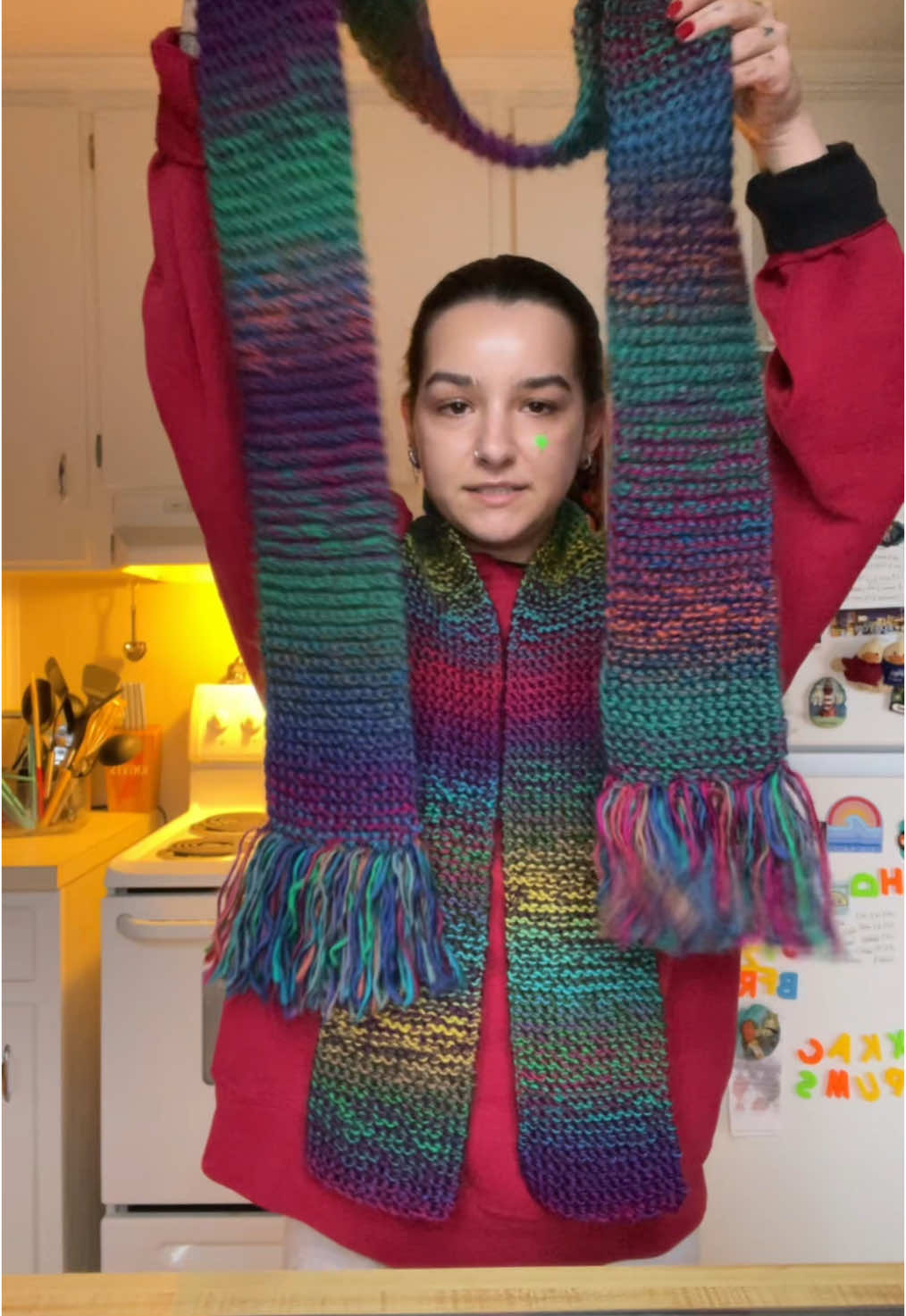 fringe scarf (facets by loops & threads in sweet raspberry & sea glass)  non fringe scarf (facets by loops & threads in brilliant & electric) 