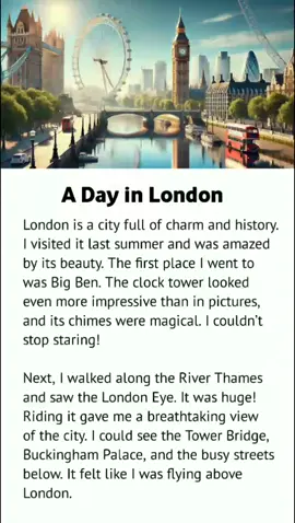 A Day in London. London is a city full of charm and history. I visited it last summer and was amazed by its beauty. The first place I went to was Big Ben. The clock tower looked even more impressive than in pictures, and its chimes were magical. I couldn’t stop staring! Next, I walked along the River Thames and saw the London Eye. It was huge! Riding it gave me a breathtaking view of the city. I could see the Tower Bridge, Buckingham Palace, and the busy streets below. It felt like I was flying above London. In the afternoon, I explored Covent Garden. It was lively, with street performers, unique shops, and small cafés. I tried some fish and chips at a local stand, and it was delicious. The atmosphere was friendly and welcoming. Before leaving, I visited the British Museum. The artifacts and stories from around the world were fascinating. I spent hours there, learning about history and culture. London felt like a city where the past and present meet in the most wonderful way. That trip to London remains one of my favorite memories. The city’s landmarks, culture, and people left a lasting impression on me. I can’t wait to visit again someday! #learnenglisheveryday #englishlearning #english #englishstory #tiktokenglish 