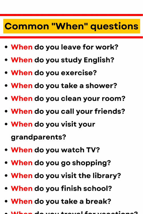 Common “When” questions for everyday conversations improve your English, Speak English Fluently #commonquestions #when #improveenglish #englishquestions #learnenglishdaily #englishconversation #speakenglish #practiceenglish #english 