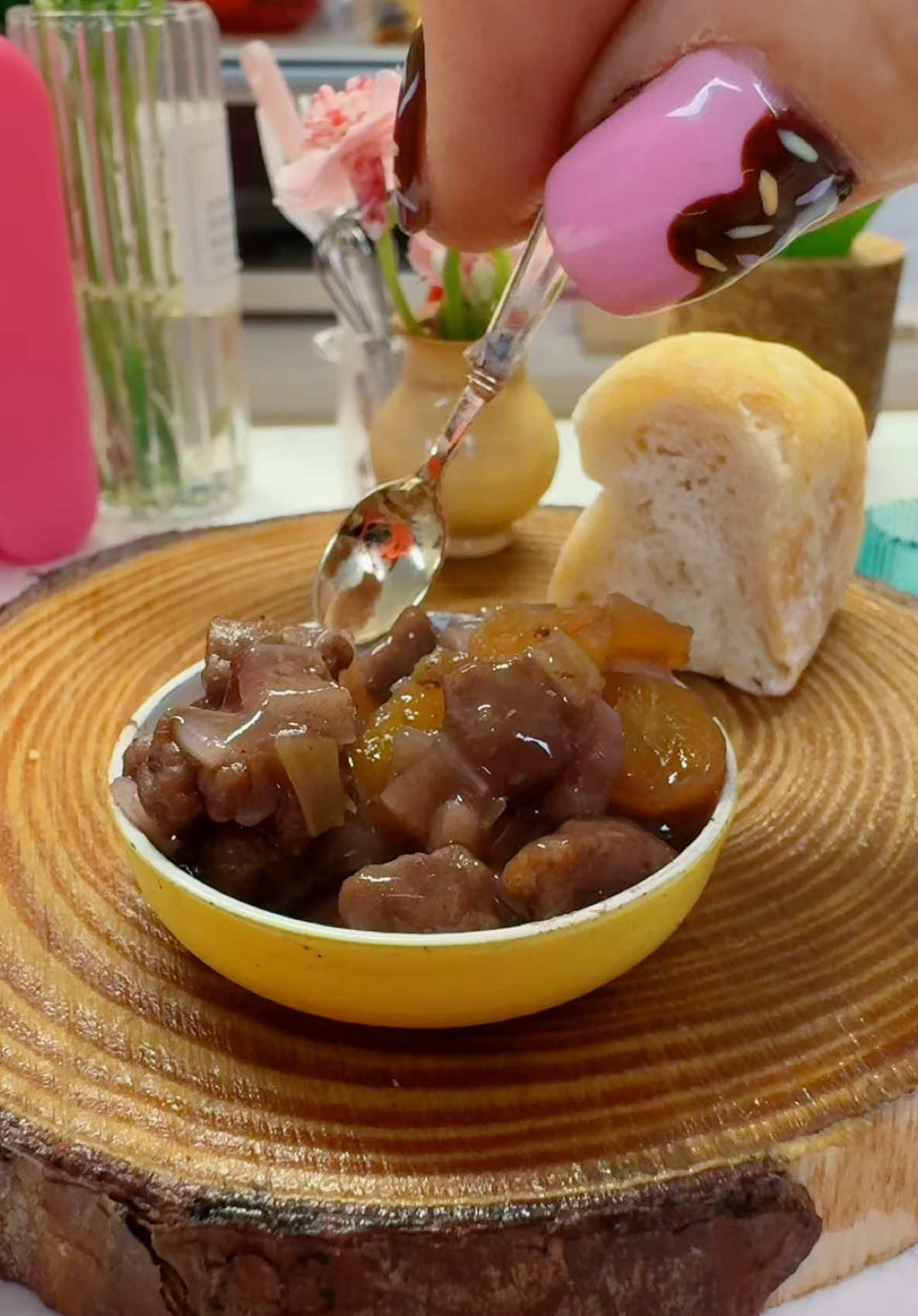 Beef casserole / stew in the Mini Bakes Kitchen. Hearty and warming for a cold and snowy January. Buckle up this took an age to film and to edit! Who got to the end? #ingredients : Beef I used chuck Lil onions,  Lil Potato,  Tiny carrots,  garlic,  red wine  Dried Thyme beef stock or beef casserole packet Salt, pepper & Chilli mix Extra virgin Olive oil (can use butter or veg oil) hot water fresh herbs of your choice!  You can add as much veg as you please! #Recipe Brown off the Beef with a little olive oil, add seasoning, and garlic once browned put the beef aside and use the juice and oil from the beef to mix together the veg. Sweat your onion until soft and golden  then add the beef and enough flour to coat all - this will help thicken the sauce. Add your red wine and stock and any fresh or dry herbs I used mixed herbs and thyme. Let the pot slowly bubble it took mine 45 minutes but remember I’m mini! Serve with crusty bread, dunk and enjoy! #beef #casserole #stew #littlethings 