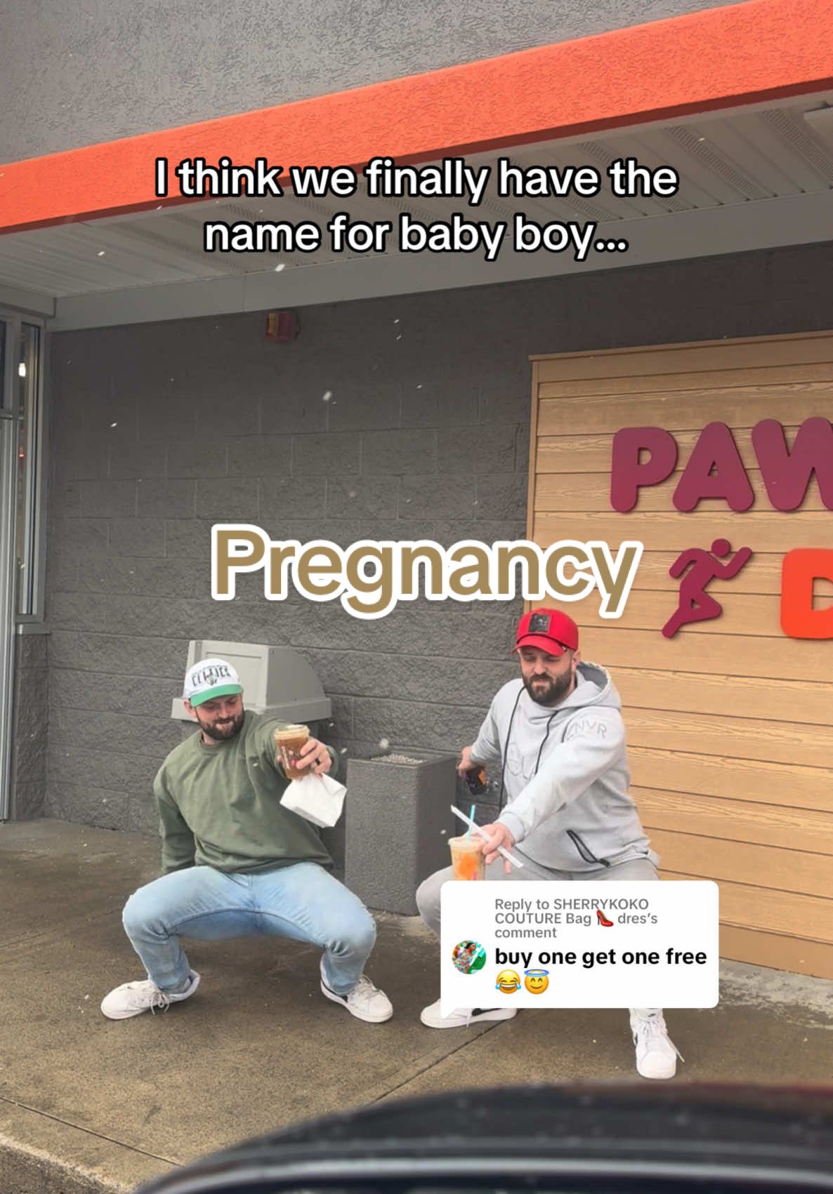 Replying to @SHERRYKOKO COUTURE Bag 👠 dres two husbands for the price of one! @Joshua McAloon @uncledaddymac #pregnancy #dunkin #coffeerun #couples #motherhood #identicaltwins #mcaloonfamily #tlc 