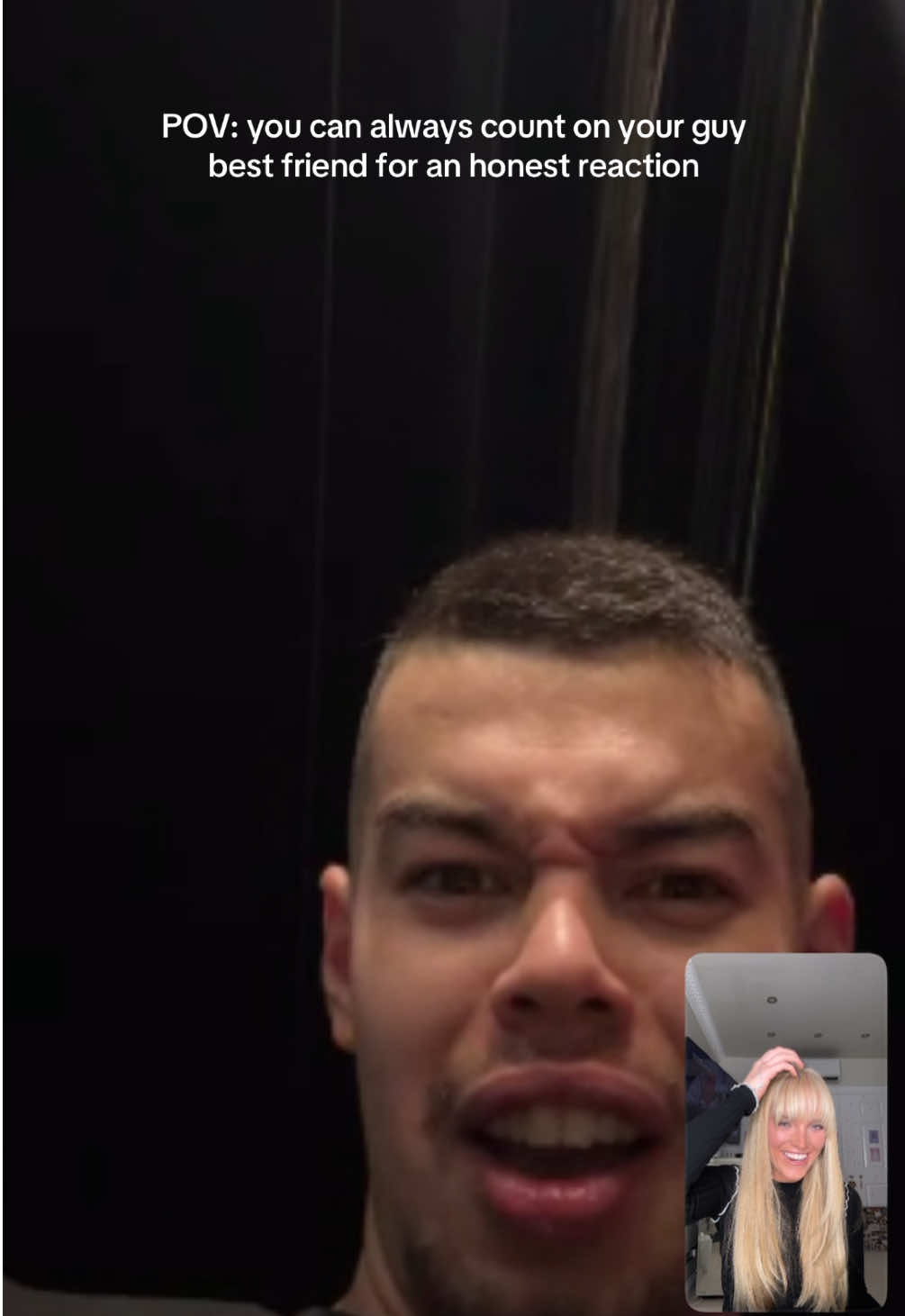 Do you think he liked it??! 😂😂😂 #fyp #newhair #hairstyle #fringe #blonde 