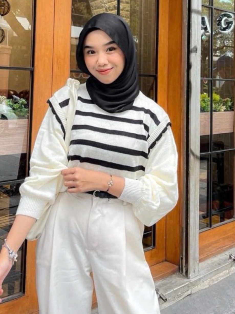 Atasan Wanita Rajut Lengan Balon Atasan Sweater Rajut Stripe Wanita#trend #trending #fyppppppppppppppppppppppp 