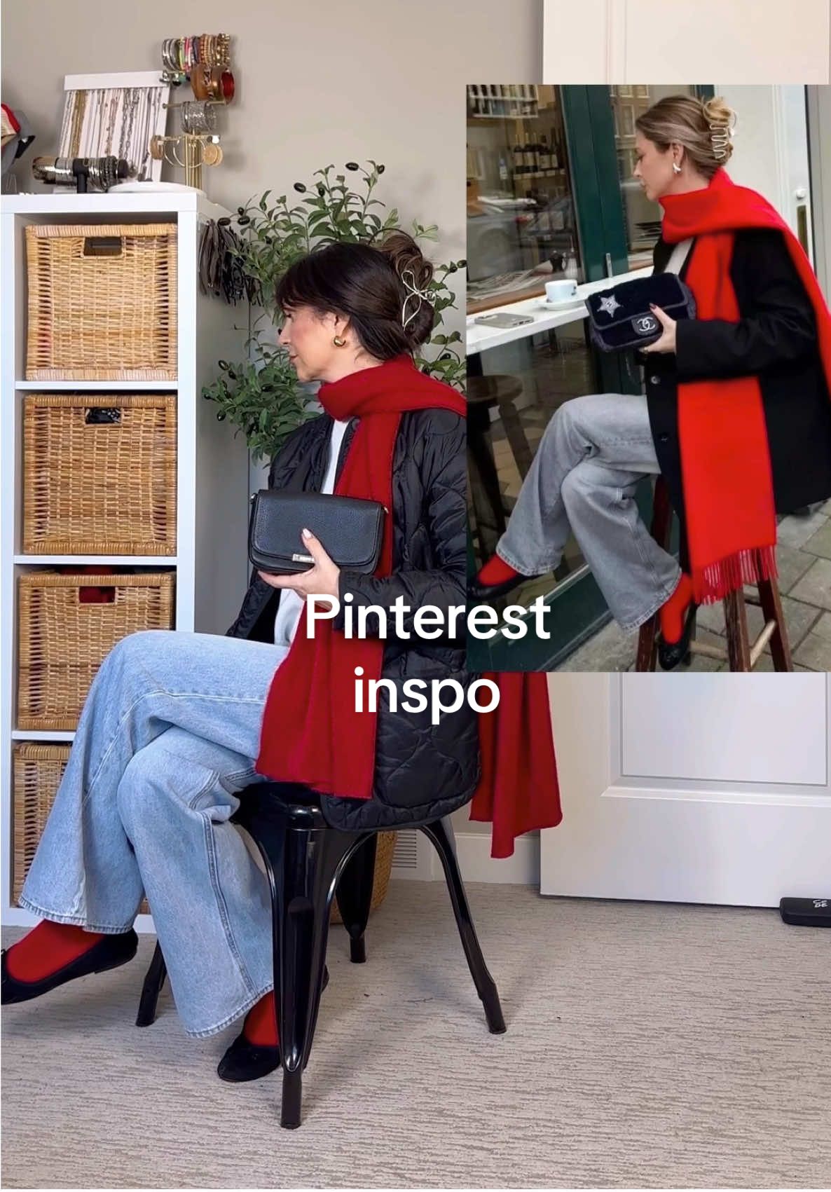 Pinterest inspired pops of red outfit! ❤️ I would never think to wear socks with ballet flats but I love how this came together! Links are on my LTK - tee: @uniqlocanada - jeans, ballet flats, hair clip: @hm - sweater, scarf, earrings: Amazon - jacket: @aritzia - bag: @poppybarley Inspo: Pinterest (pls Imk if you know who it is) PS I know her jeans are grey but the idea behind these Pinterest posts is to use what you have to recreate the vibe of the outfit and maybe you'll discover new ways to wear something you already have 🫶 Pinterest outfit, pops of red outfit, red scarf outfit, ballet flats outfit, Pinterest inspo, Pinterest inspired look 