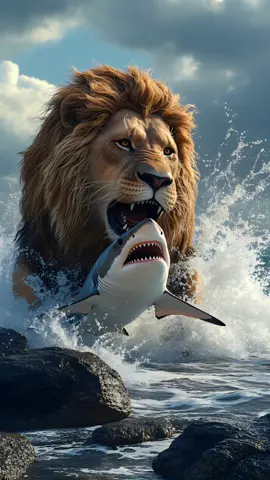 Fond d'écran épique live 4K: Giant Lion and shark bite each other in an epic combat scenery. Le lion géant le requin se mordent l'un et l'autre dans un combat épique. #lion #lionking #shark #combat #wallpaper #livewallpaper 
