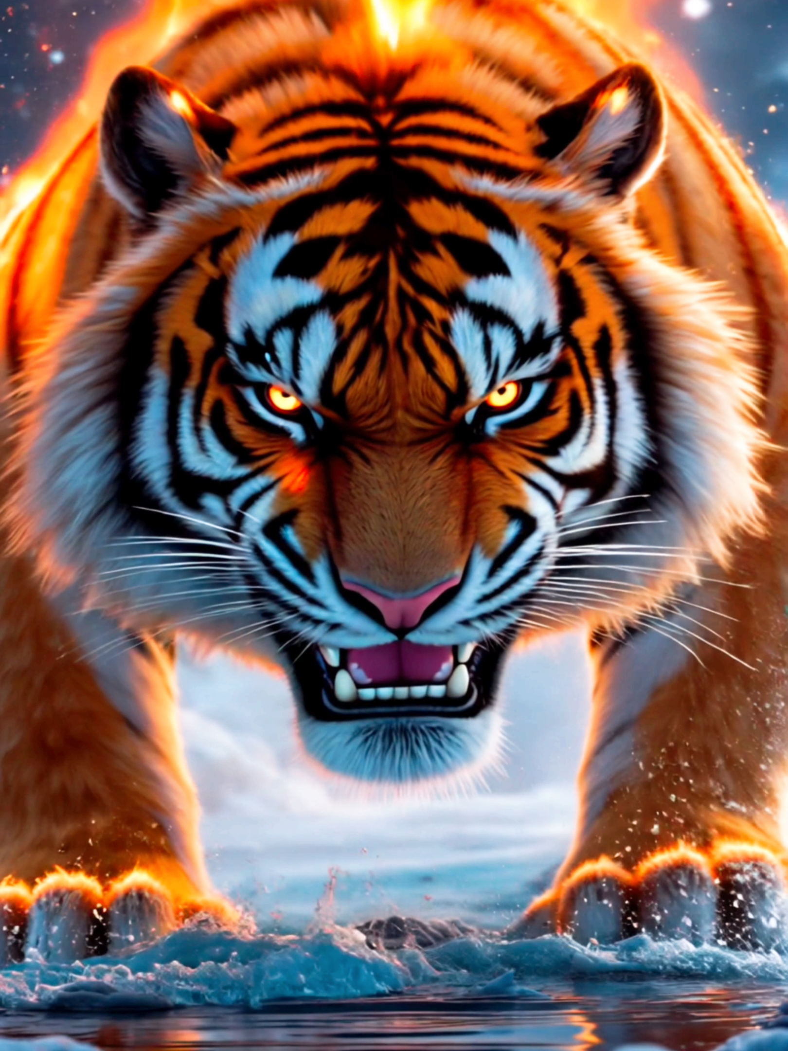 Witness the unstoppable power of nature! This mesmerizing 4K live wallpaper captures a majestic fire tiger charging through a frozen landscape, flames dancing as snow melts beneath its unstoppable force. Perfect for those who love epic fantasy visuals, power, and nature's raw beauty #creatorsearchinsights #livewallpaper #4klivewallpaper #tiger #attack #beast #firetiger #animalpower #adrenaline #fantasyart #fyp #fyi 