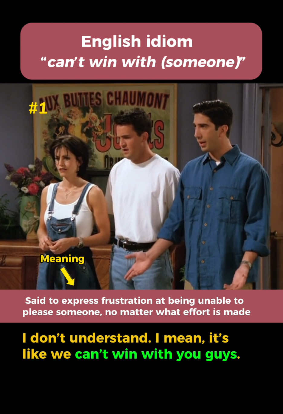 English idiom - “can’t win with (someone)”  This idiom is used to express frustration at being unable to please someone no matter what effort is made.  For example - “When I offer to help, he gets annoyed. When I don’t, he complains. I really can’t win with him.” #learnenglish #esl #idioms