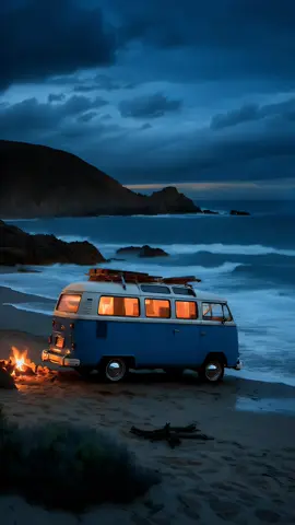 Ocean Breeze, Campfire Vibes 🌊🔥 #campingvibes #aiartcommunity #tiktokart #campervan #campfire #beachcamping #foryoup #bythesea #videowallpaper #digitalarttiktok #cozyvibes #aestheticvideos #visualart #naturetok #coast #cliffs 