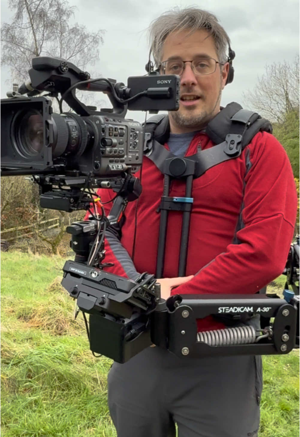 #steadigimbal out #filming a documentary today with Robert from @See Through Together! Ideal setup for docos, #sonyfx6, dual #radiomic kit, #steadicam A30 arm and #exovest!  #camerastabilizer #filmgear #camerarig #fx6 #filmmaking #tvproduction 