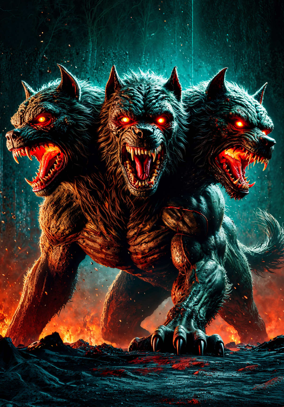 In the shadowy abyss of the underworld, Cerberus, the three-headed hound, guards the gates of the dead with eyes burning like embers and jaws dripping black venom. His roars reverberate like a chorus of tormented souls, and his immense claws tear into the volcanic ground, marking the territory where no soul escapes. An unyielding guardian, he makes no distinction between the innocent and the guilty, devouring all who dare defy him. His fangs are the last sight of those who cross his path, while the chilling presence he exudes consumes the sanity of anyone who dares approach, perpetuating eternal terror at the threshold between life and death.