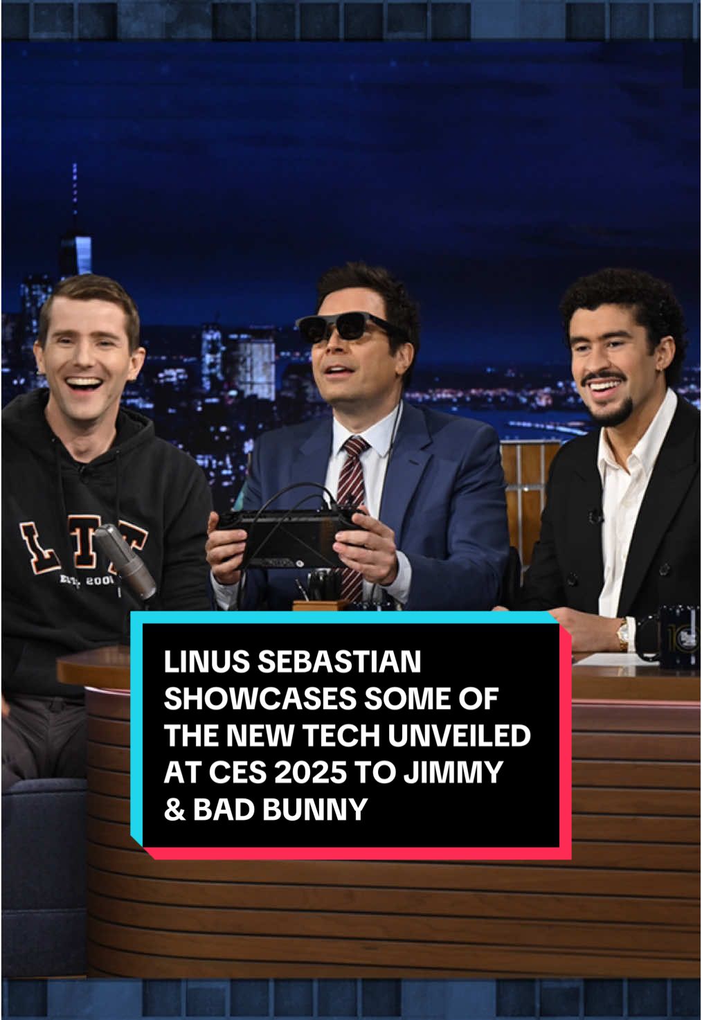 @Linus Tech Tips showcases some of the new tech unveiled at CES 2025 to Jimmy & @Bad Bunny! #FallonTonight #TonightShow #LinusSebastian #LinusTechTips #BadBunny #BadBunnyOnFallon #JimmyFallon 